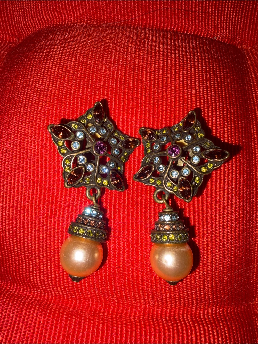 Heidi Daus Gold-Tone Floral Swarovski crystal Earrings w/Peach Pearl Dangles